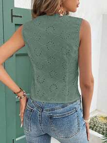 Frenchy Blusa informal de mujer con botones delanteros y sin mangas a rayas, conjunto de ropa de oficina para mujer, ropa de mujer para invierno, atuendos de otoño, camisa blanca de mujer, blusas sin mangas - Verde - Ver 2