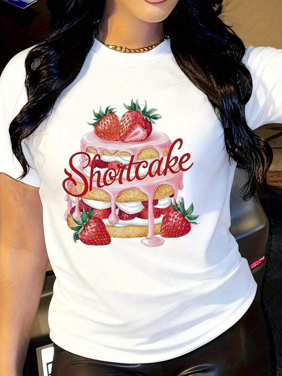 Camiseta Blanca para Mujer - Diseño Gráfico con Lindo Pastel de Fresas y Letras de Atajo - Camiseta Suave para Uso Diario Casual para Fiestas de Cumpleaños, Atuendos de Postre - Lavable a Máquina - Blanco - Ver 1