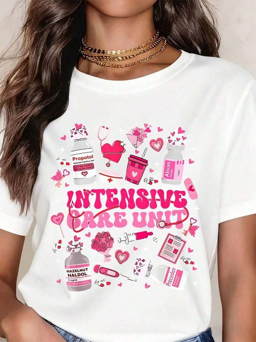 Camiseta Gráfica de la Unidad de Cuidados Intensivos con Diseño de Temática Médica y de Amor para Mujer, con Estampado de Corazón Rosa, Estetoscopio, Pastillas y Medicamentos, Estilo Casual. - Blanco - Ver 1