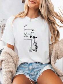 Camiseta de Mujer con Cuello Redondo y Estampado Divertido de Gatos KickHaus, Diseño de Arte Lineal de Gatos, Manga Corta Casual, Top Divertido para Amantes de los Gatos, Adecuado como Regalo. playera de mujer. blusas>elegantes. boho chic,Top de mujer suave, transpirable y cómodo, ideal para primavera, verano y otoño, perfecto para vacaciones, viajes y uso diario. - Blanco - Ver 1