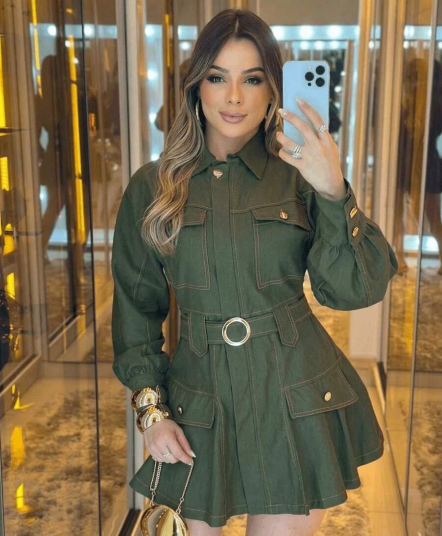 Women's Short Tailored Dress With Long Sleeves And Belt, Elegant Winter Dress For Saint John's Day Parties - 軍綠色 - 查看 1