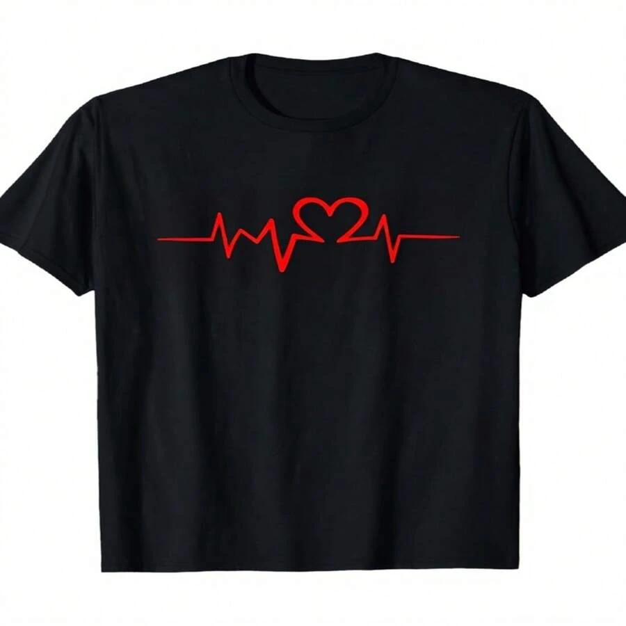 Women's Cotton Round Neck Short Sleeve T-Shirt With Heart Beat Graphic Print, Casual Regular Fit Tee, High Stretch Fabric - 黑色 - 查看 1