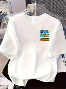 1 Van Gogh's Starry Night Art Print T-Shirt | Casual Short-Sleeved Crew Neck T-Shirt, Bright Digital Print, Machine Washable For Year-Round Comfort, Artistic Casual Wear,  Print T-Shirt, Cultural Fashion Item, 180g Non-See-Through 100% Cotton Fabric. - 白色 - 查看 1