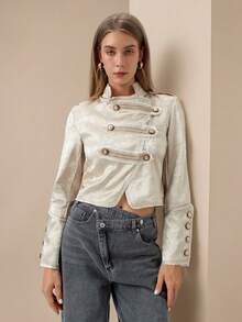 HZXVIC Women's New Elegant Temperament Stand Collar Asymmetrical Front Button Jacquard Jacket Jacket - Beige - View 5