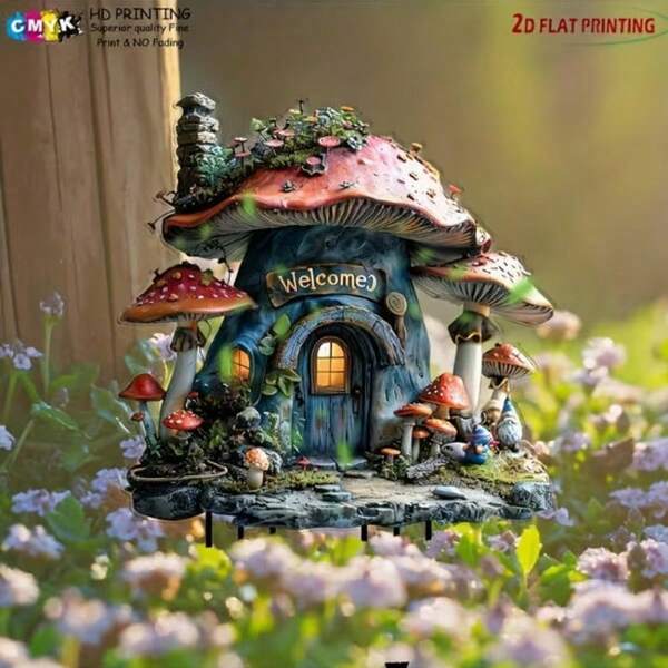 Trang trí nhà nấm 2D phẳng, tranh nghệ thuật sân vườn acrylic 2D | Ngôi nhà nhỏ cổ tích kỳ ảo với hoa và cây xanh đầy màu sắc | Trang trí trong nhà/ngoài trời chịu được thời tiết | Món quà độc đáo cho những người yêu cây và các bữa tiệc theo chủ đề