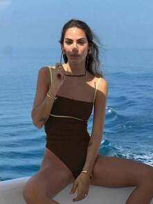 Nuevo Llegado Primavera/Verano Traje de Baño de Una Pieza Casual Sexy Elegante para Mujer en Contraste de Color Rojo y Blanco, Adecuado para Playa, Vacaciones, Fiesta, Cita - Café integral - Ver 6