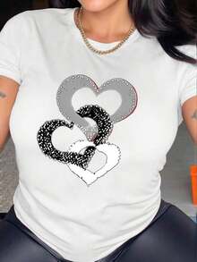 New Women's Casual Summer/Spring T-Shirt, Short Sleeve, Simple And Elegant With Heart Ring Print, Versatile For Daily Wear, Round Neck, Urban Vintage Style, Unisex, Loose Fit, Cotton. - 白色 - 查看 6