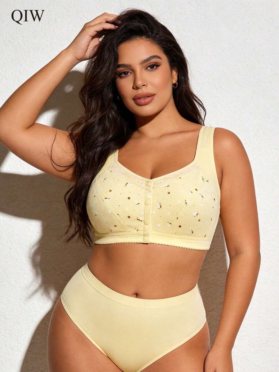 Plus Size Women Printed Front Button Wireless Bra, Seamless Comfortable Casual Underwear
