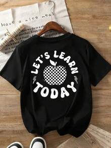 Printed T-Shirt With Designs On The Front And Back, "Tudy Today" Print, Round Neck, Short Sleeves, Modern And Fashionable Casual Style, Double-Sided Printed Top For Women. Elegant Party Outfit, T-Shirt For Stylish Ladies, Blouses Suitable For Curvy Women, Prom Skirts, Casual Wear - 黑色 - 查看 2
