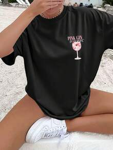 [Double-Sided Print] Casual Loose-Fitting Spring And Summer T-Shirt, Feminine Style, Berry Print, PINK GIN & TONIC Print, Pure Cotton Short-Sleeved T-Shirt, Off-The-Shoulder And Plus-Size For Fashionable Women. Elegant Party Outfit, T-Shirt For Elegant Ladies, Blouses Suitable For Curvy Women, Prom Skirts, Casual Wear - 黑色 - 查看 2