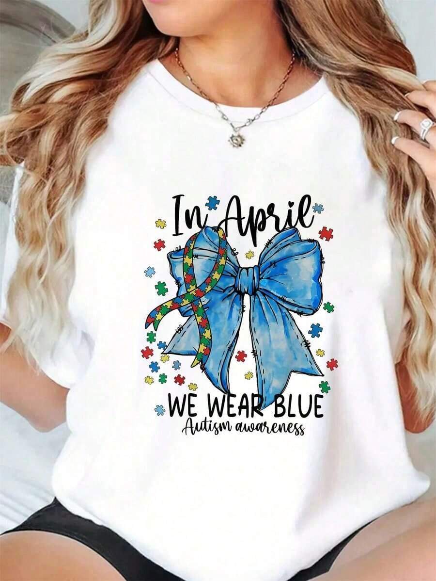 1 Piece Autism Awareness Support T-Shirt: In April We Wear Blue, Summer T-Shirts, Short Sleeve, Round Neck, Casual Top For Summer And Spring, Women's Clothing, 180g 100% Cotton - 白色 - 查看 1