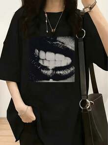 1 Piece Women's Black Pulp Graphic T-Shirt - Soft Cotton, Loose Fit, Vintage 90s Style, Inspired By Britpop, Casual For Everyday Wear, 180g, 100% Cotton - 黑色 13 - 查看 1