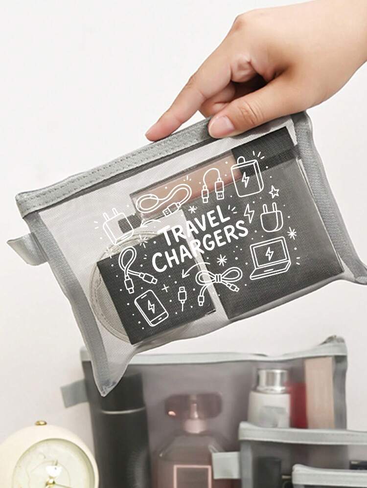 網格化妝包印有「Travel Charger」字母圖案，旅行網格盥洗包，夏季度假必備。便攜式化妝品收納包，多功能收納包，電子設備收納，數據線收納，適用於度假、辦公室、購物、酒店、返校禮物、生日禮物、旅行配件、教師節禮物、婚禮配件 - 彩色 - 查看 2