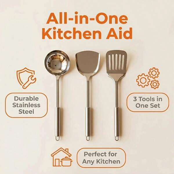 3pcs Stainless Steel Cooking Utensil Set, Stainless Steel Soup Spoon, Stainless Steel Spatula, Stainless Steel Slotted Spatula, Non-Slip Heat-Resistant For Home, Outdoor And Commercial Use