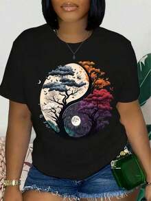 Women's Casual Short Sleeve T-Shirt, Breathable And Comfortable - Geometric Yin-Yang Tree Print, Round Neck, Semi-Transparent H-Silhouette For All Seasons Use, Machine Washable And Versatile For All Women. - Black - View 1