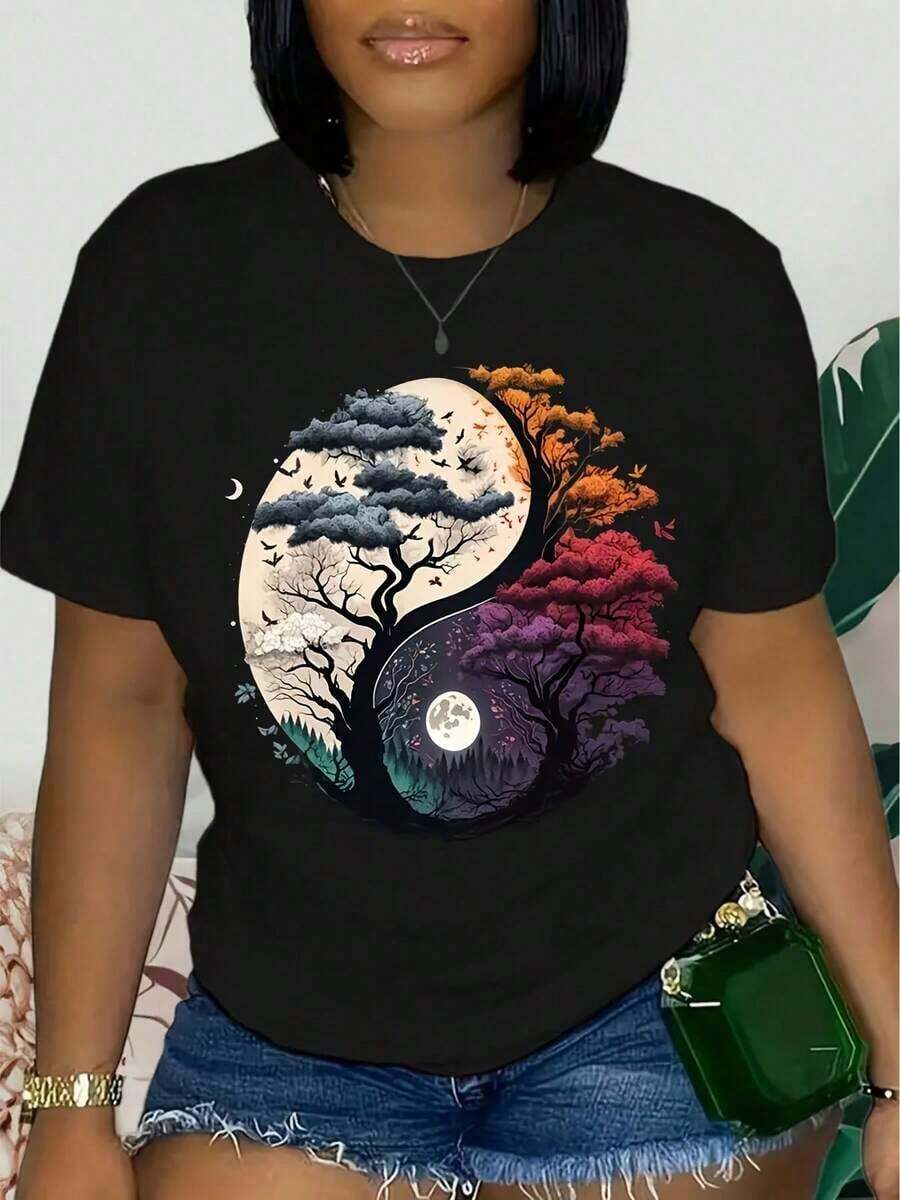 Women's Casual Short Sleeve T-Shirt, Breathable And Comfortable - Geometric Yin-Yang Tree Print, Round Neck, Semi-Transparent H-Silhouette For All Seasons Use, Machine Washable And Versatile For All Women. - Black - View 1
