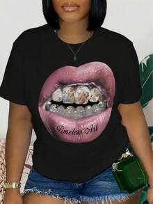 Lip Print T-Shirt, Short Sleeve, Round Neck, Casual Top, Summer And Spring, Women's Clothing, Women's T-Shirts - 黑色 - 查看 6