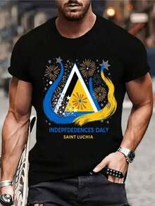 Men's T-Shirt For Saint Lucia Independence Day - National Flag Fireworks Print And Triangle Star, Short Sleeve, Crew Neck, Casual Style For All Seasons, Machine Washable, Ideal For Parades, Cultural Events And Casual Wear. - 黑色 - 查看 6