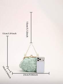 Bolso de mano elegante de mujer color rosa con flores 3D, bolso de noche con decoración de perlas en forma de rosa 3D, con correa de hombro desmontable de cadena dorada, adecuado para bodas, fiestas y ocasiones formales - Verde - Ver 6