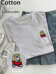 Camiseta de manga corta con cuello redondo y bordado de sol de playa para mujer - Gris Claro - Ver 5
