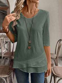 Women's White Blouse With V-Neck Patchwork Design - 軍綠色 - 查看 5