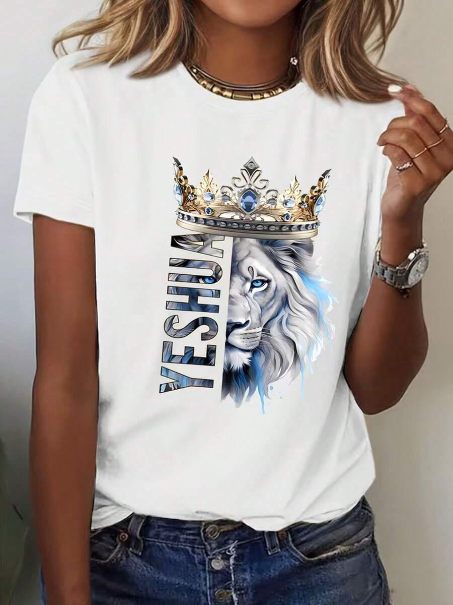Women's 100% Cotton Casual Short Sleeve T-Shirt - Short Sleeve T-Shirt With A Round Neck And Print. Breathable, Machine-Washable Fabric. Comfortable, Simple, And Stylish For Everyday Summer Wear. Perfect Gift. Loose Fit. Local Shipping. - 白色的 - 查看 1