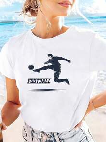 Women's Cotton Graphic Tee Shirt With Football Player Print, Soft Breathable Casual Summer Top, Athletic Sport Style Comfortable Short Sleeve TShirtFor Summer - 白色 - 查看 1