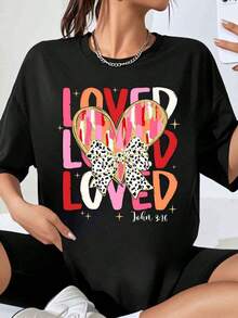 Christian T-Shirt With Heart And Ribbon "Beloved, Beloved, Beloved" (John 3:16) For Women, Fashionable Casual Top For Valentine's Day And Religious Events - 黑色 - 查看 7