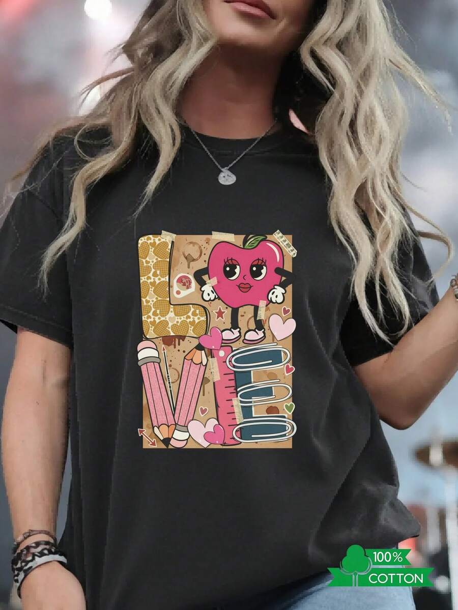 Women's Round Neck T-Shirt With Letter And Anime Print, Simple Design, Comfortable And Breathable, Suitable For Sports, Casual And Everyday Wear, A Must-Have For Summer Parties, Local Shipping, With Anthropomorphic Apple Heart Sticker - Unisex Loose Cotton Short Sleeve Round Neck T-Shirt, Urban Vintage Style. - 黑色 - 查看 1