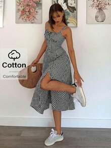 Vestido a media pantorrilla con tirantes a cuadros para mujeres, de moda y apropiado para el verano - Blanco y Negro - Ver 1