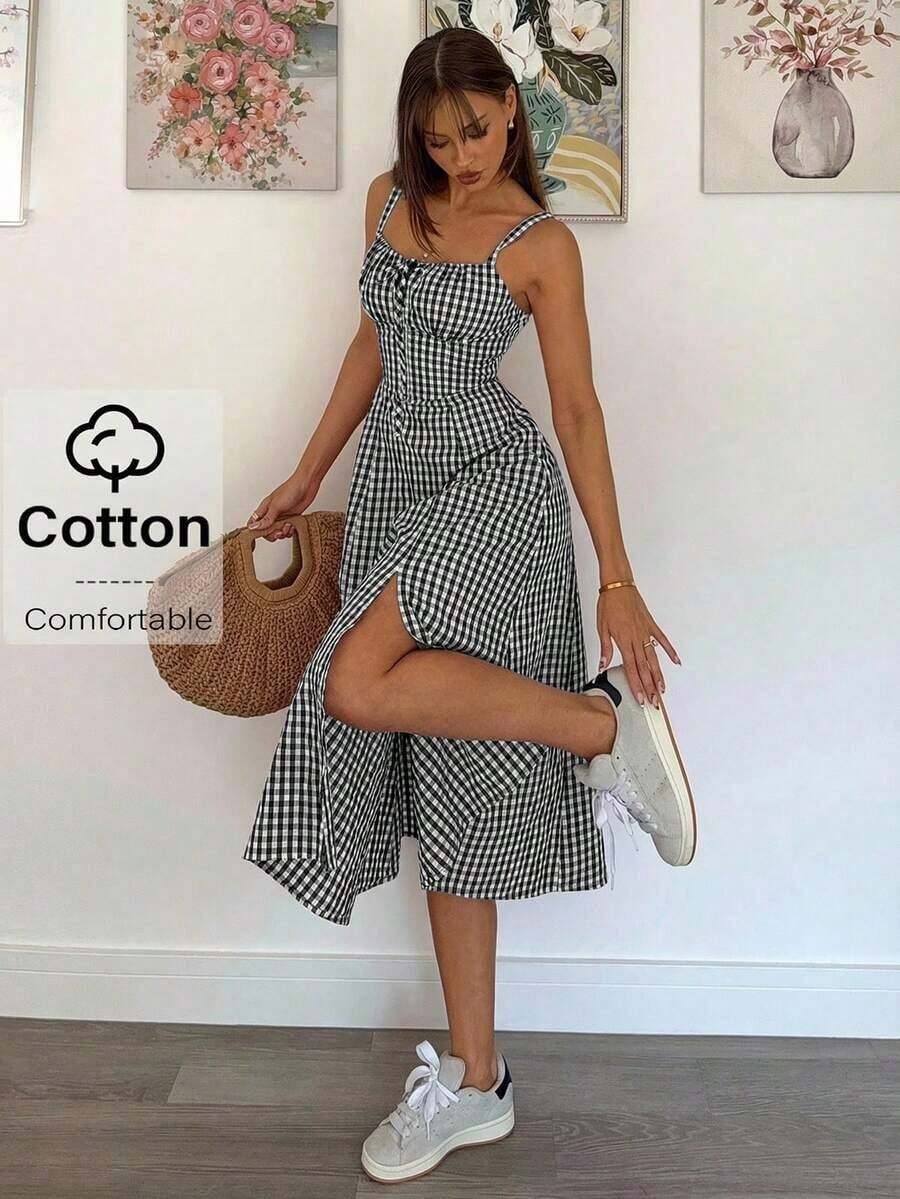 Vestido a media pantorrilla con tirantes a cuadros para mujeres, de moda y apropiado para el verano - Blanco y Negro - Ver 1