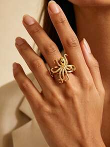 1PC Fashion Octopus Rings For Women 18K Gold Plated Stainless Steel Octopus Opening Ring Statement Summer Ocean Jewelry Gift BFF - Multicolor - View 9