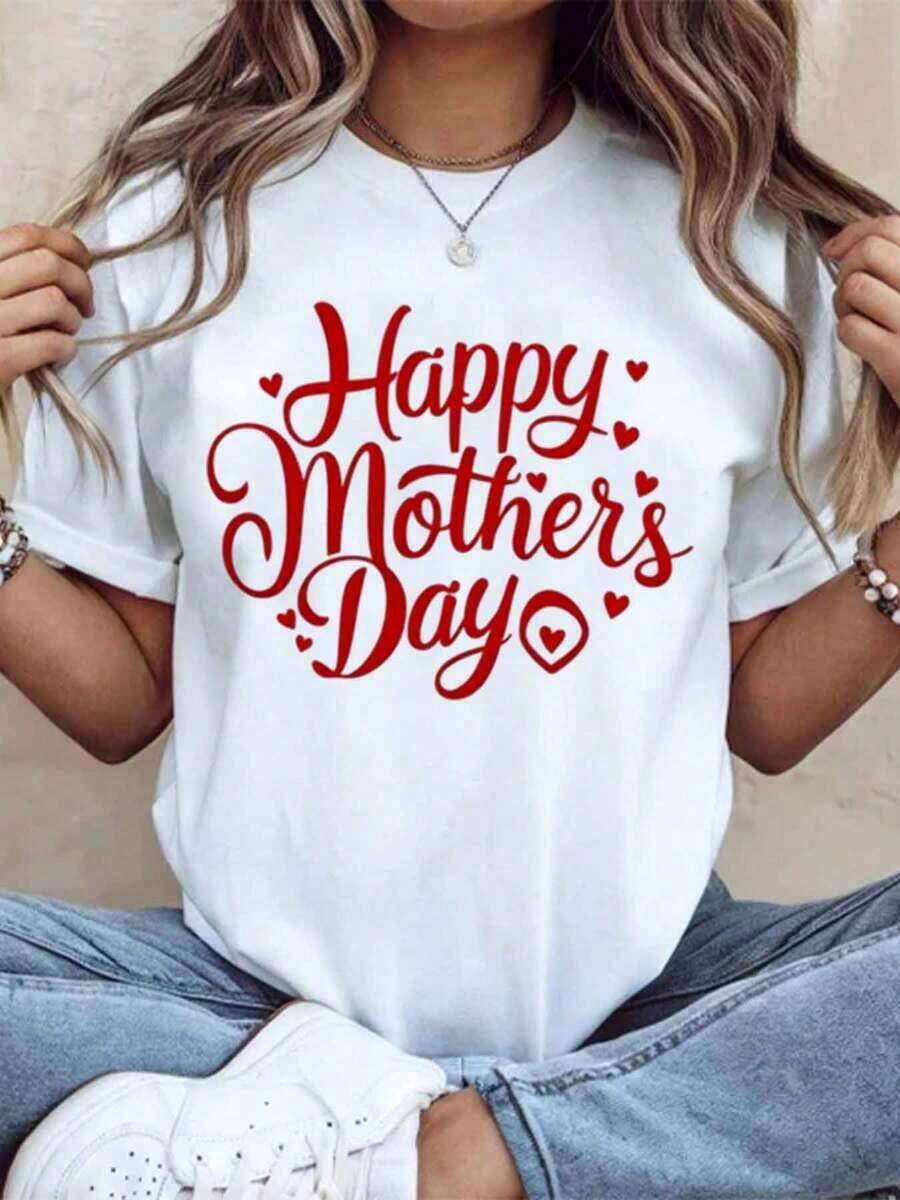 Mother's Day T-Shirt, Gift For Mom, T-Shirt With Cute Red Letters, Casual Top For Women, Clothing For Mother's Day Celebration, 220g - Urban Vintage Style, Unisex Short Sleeve Round Neck T-Shirt Made Of 100% Pure Cotton. - 白色 - 查看 1
