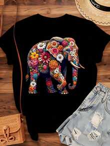 Women's T-Shirt With Elephant Floral Print, Boho Style, Casual Summer Top, Gift For Her, Artistic Animal Design, Fashion T-Shirt, 220g - Urban Vintage Style, Unisex, Loose Fit, Cotton, Short Sleeve, Round Neck, 100% Pure Cotton - 黑色 - 查看 4