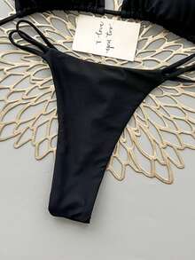 2er Set lässiger eleganter sexy Bohemian Bikini mit Blumen-Batik-Besatz, geeignet für Strand & Urlaub, Frühling/Sommer Urlaub Schwarz - Schwarz - Übersicht 4