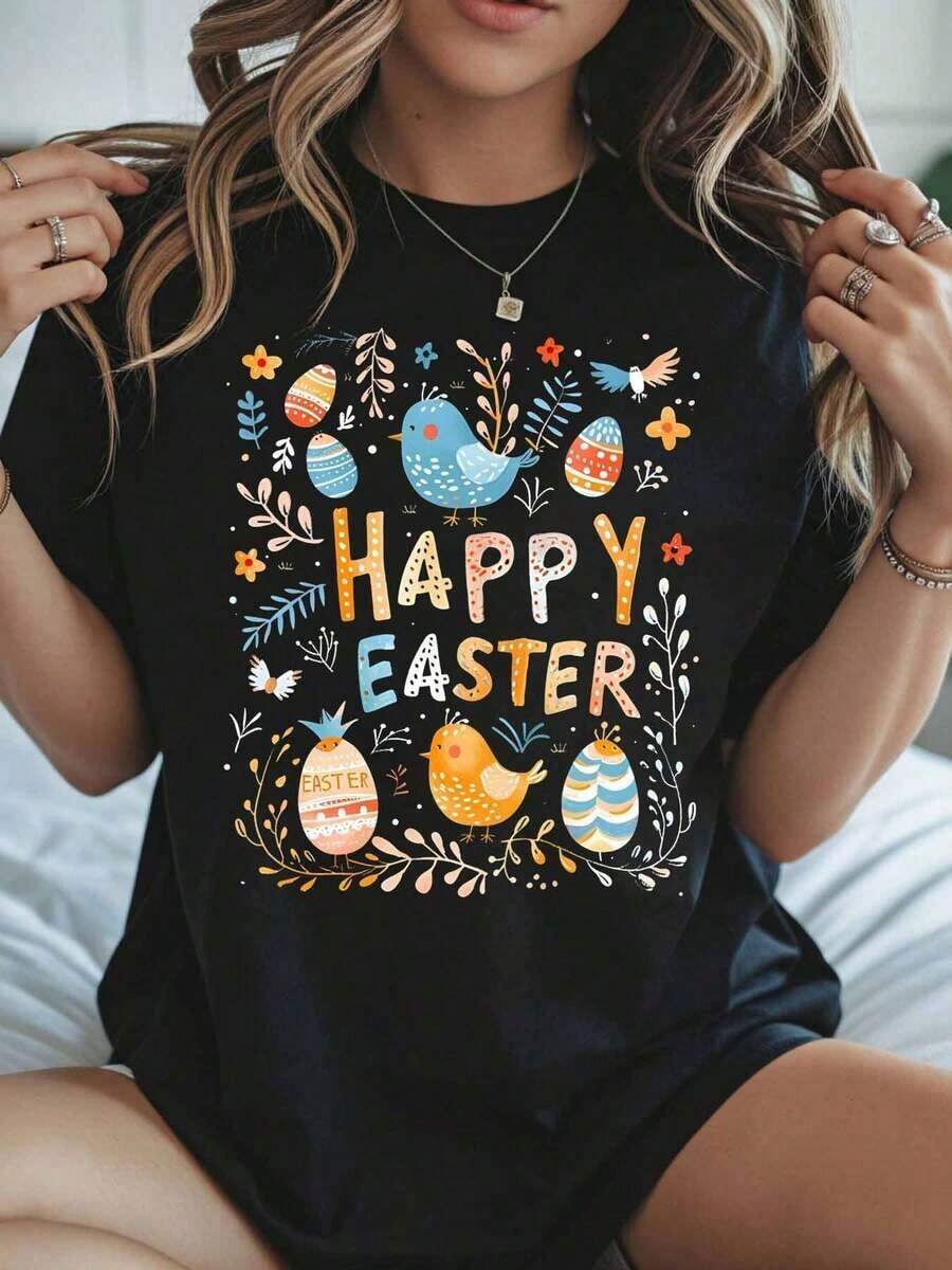 Women's Easter T-Shirt, Graphic Tee For Spring Festival, Easter Egg And Chick Print, Loose Fit, Casual Top For Women, Easter Gift Idea - 黑色 - 查看 1