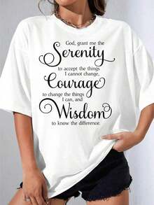 Girls' Black And White T-Shirt, One Size White T-Shirt With Serenity Prayer Print For Casual And Everyday Wear, Casual Printed T-Shirt For Outdoor Parties, 220g - 白色 - 查看 1