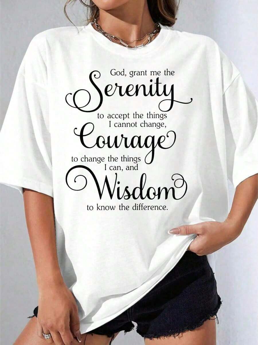 Girls' Black And White T-Shirt, One Size White T-Shirt With Serenity Prayer Print For Casual And Everyday Wear, Casual Printed T-Shirt For Outdoor Parties, 220g - 白色 - 查看 1