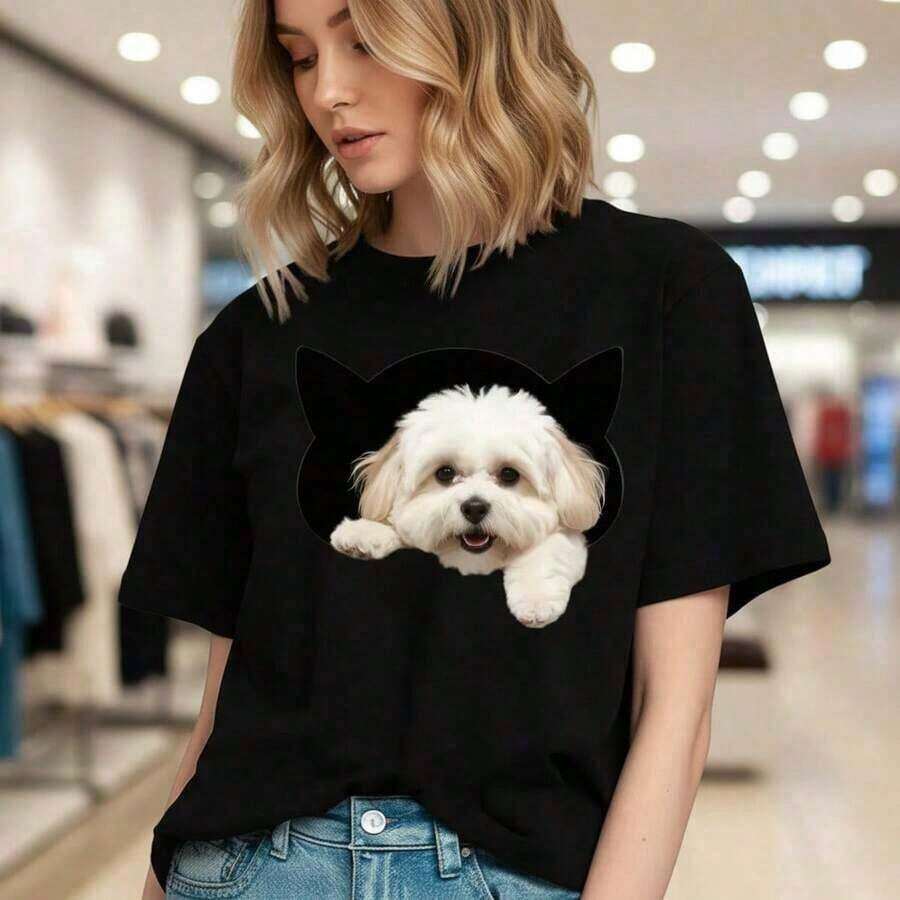 GiftCamia Women's Pure Cotton Cat And Puppy Ear Print Casual Short Sleeve Loose Fit Crew Neck Graphic Top, Available In Sizes, Cute Animal Design, Soft And Breathable Fabric, Fashionable For Everyday Wear, 100% Cotton. Soft - 黑色 - 查看 1