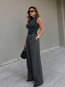 Striped Tailored Wide Leg Pants - Gris Oscuro - Ver 3
