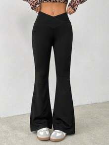 Pantalones acampanados de cintura alta envolvente de unicolor sencillo - Negro - Ver 5