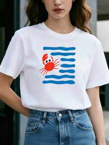 Fresh Color Combination, Crab And Wave Print, Oversized Crew Neck, Comfortable And Casual Short-Sleeved T-Shirt For Women, Ideal For Spring/Summer. Stylish, Simple, And Cute Women's Clothing. Suitable For Beach Vacations, Everyday Wear, Summer Outfits, And Casual Occasions. - 白色 - 查看 7