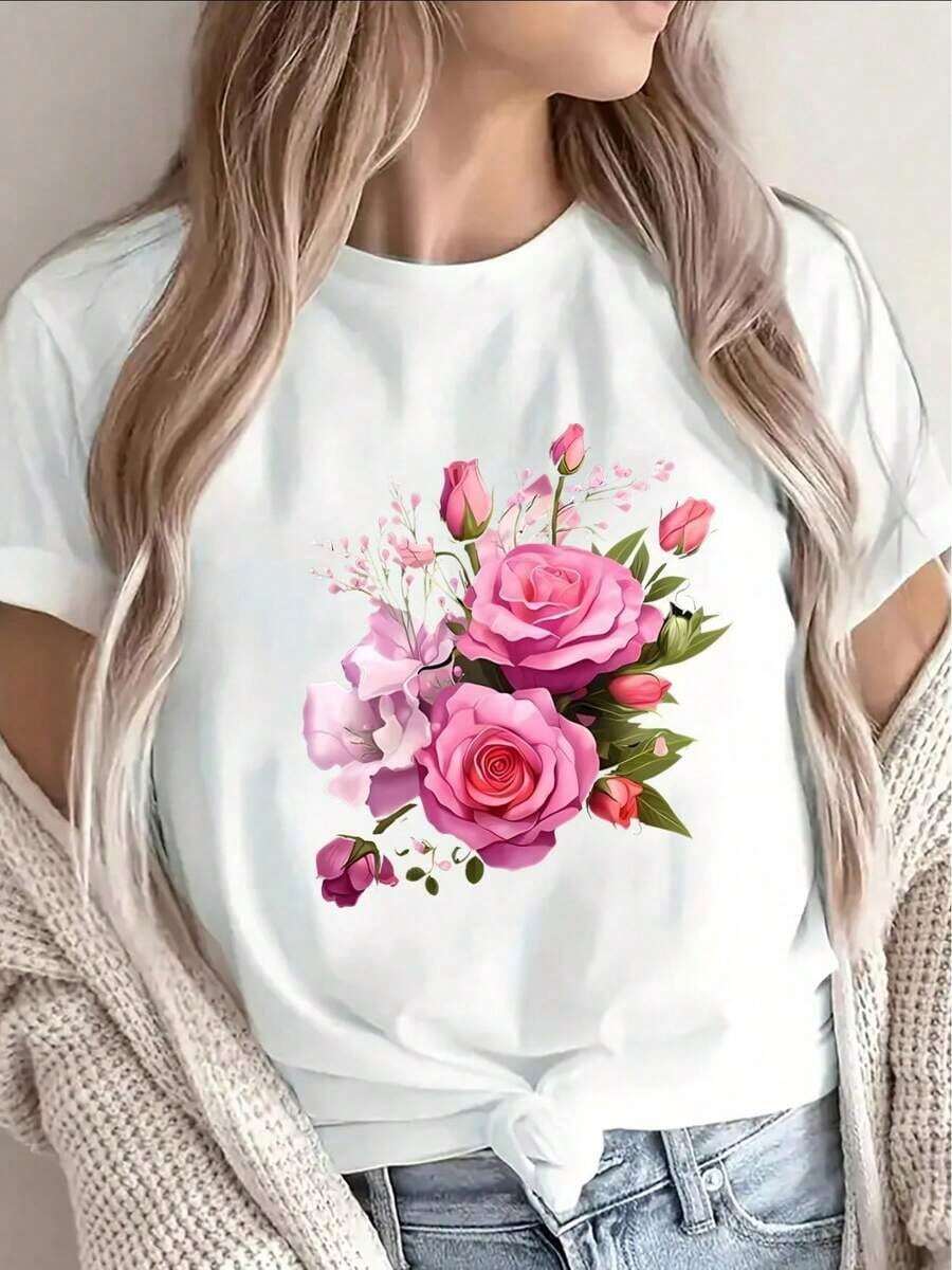 This High-Quality, Heavyweight Short-Sleeved T-Shirt, Featuring A Pink Rose Floral Design, Is Perfect For Lounging At Home, Going To Cafes, Or Enjoying Outdoor Activities, Offering Comfortable Everyday Wear. A Must-Have Gift Idea. - 白色 - 查看 1