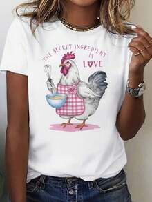 Women's Blouses. Plus Size Women's Clothing: Love The Secret Ingredient Print T-Shirt With Bow - Short Sleeve Crew Neck Top, Soft And Stretchy, Medium Elasticity Casual Style, For Spring And Summer, Machine Washable, Casual Gift To Match - Unisex Urban Style Vintage T-Shirt, Loose Fit, Cotton, Short Sleeve And Crew Neck. - 白色的 - 查看 7