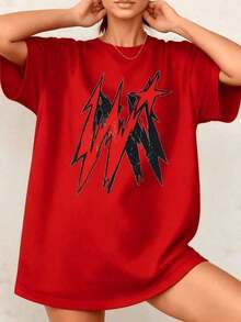 Women's Blouses. Casual Loose Fit T-Shirt For Women With Graphic Lightning Bolt Print, Abstract Crisp Edges, 100% Cotton, Round Neck, Oversized Style, 1 Piece. They Are Excellent Gifts For Friends And Family. Women's T-Shirt. - 紅色的 - 查看 1