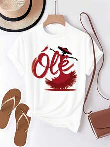 Women's Spanish Flamenco Dancer T-Shirt - Solid Color Short Sleeve Top With Authentic Spanish Dance Art Design, Suitable For Flamenco Performances And Casual Daily Wear. Elegant Party Outfit, T-Shirt For Elegant Ladies, Blouses Suitable For Curvy Women, Casual Wear, Cool And Sweat-Free Summer Clothes, Fun Letter Print - 白色 - 查看 6