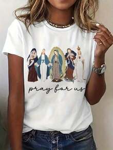 Women's Solid Color Crew Neck Short Sleeve T-Shirt, Casual Loose Fit, With Cartoon Print Of The Virgin Mary, Religious Style, White, Vintage Summer Style, Unisex, 100% Cotton - 白色 - 查看 1