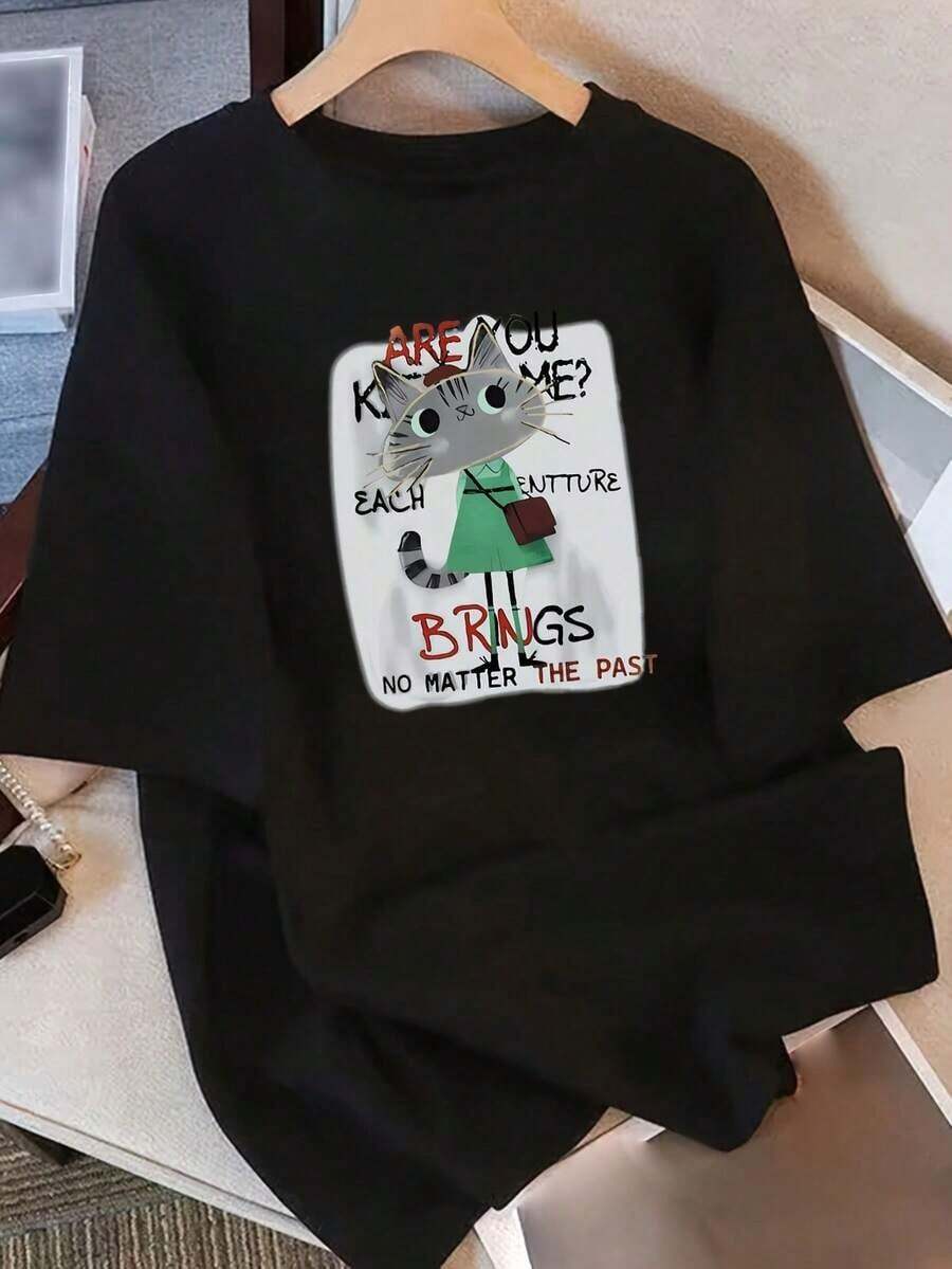 Soft 100% Cotton T-Shirt, Vintage T-Shirts, Pure Cotton T-Shirts For Women, Short Sleeve, Unique Printed Design, New Summer Style 2026, Loose Fit, Half Sleeve, Slimming Tops For Students, 100% Breathable Cotton T-Shirt, Goes With Everything. - 黑色 - 查看 1