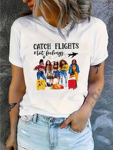 Women's And Unisex Aviation T-Shirt - With The Slogan "Catch Flights Not Feelings" And Airplane Print, Soft, Breathable, Lightweight, Crew Neck And Short Sleeve, With Airplane Graphics For Travelers And As A Gift, Casual Wear For All Seasons. - 白色 - 查看 7