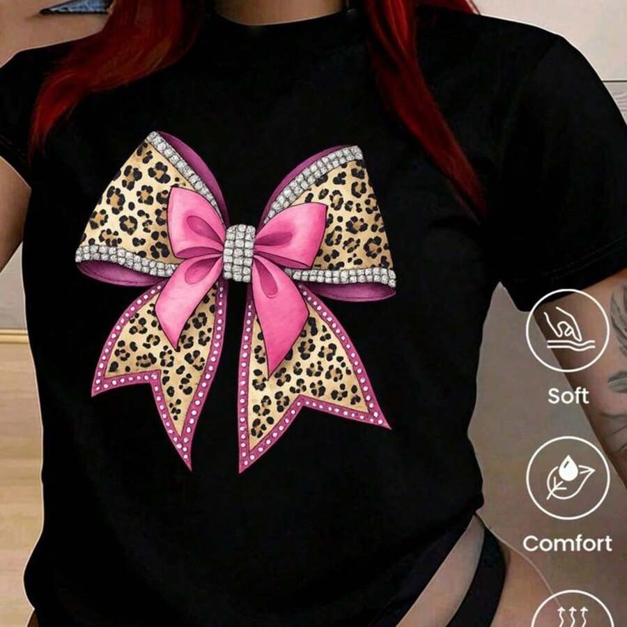 Camiseta de cuello redondo y manga corta para mujer con gran lazo de leopardo, cinta R y borde tipo pedrería plateada - negro - Ver 1